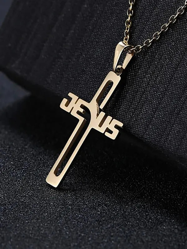 Collier Maille Cubaine À Pendentif Croix De Jesus En Acier Inoxydable.