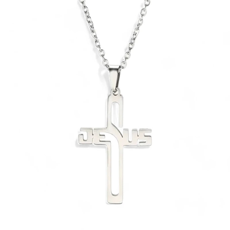 Collier Maille Cubaine À Pendentif Croix De Jesus En Acier Inoxydable.